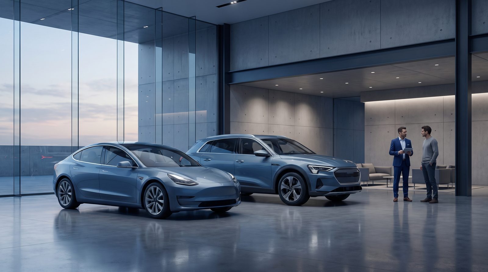 An automotive dealership showroom with two cars on a polished floor and a sales advisor with a customer
